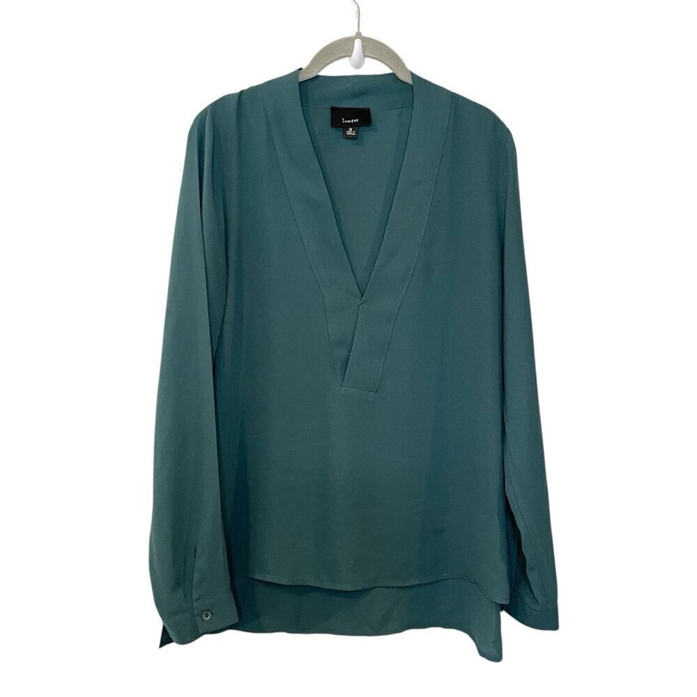 Lumiere Forest Green V-Neck Long Sleeve Career Blouse Hi Lo Solid‎ Polyester M